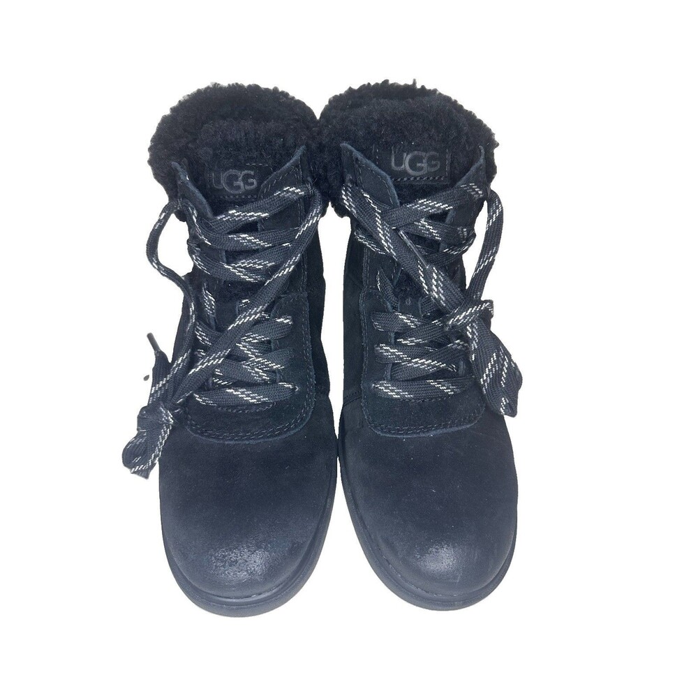 Womens Ugg Black Lace Up Shearling Collar Boots Size US 8